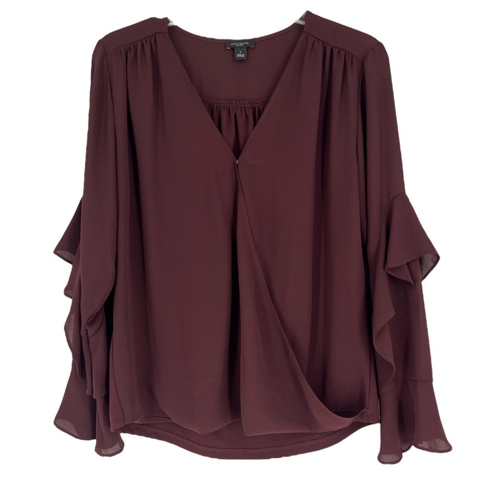 Ann Taylor Wrap Long Sleeve ruffle burgundy, silky blouse, size small New